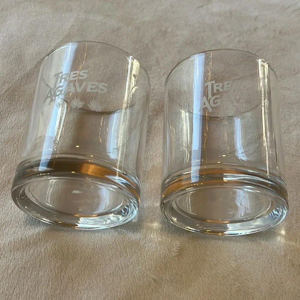 Tres Agaves Tequila Glasses 8 Oz Rocks Tumblers Clear White Lettering Set Of 2
